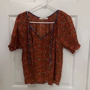 NATURAL LIFE Red Floral Tie-Neck Peasant Blouse